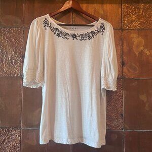 LOFT Embroidered Knit Top with Shirred Sleeves * White * XL
